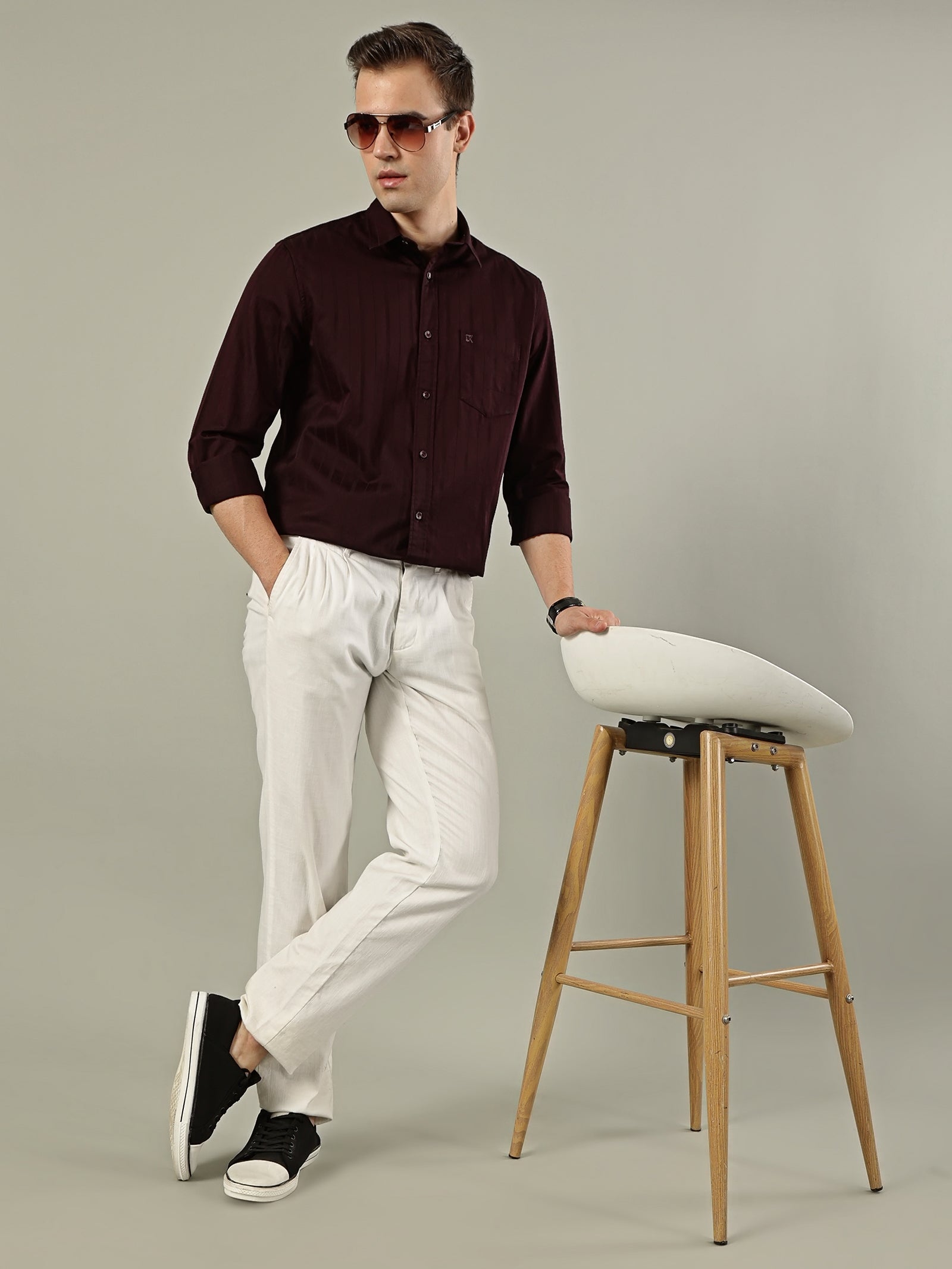 Striped Cotton Shirt – Deep Maroon