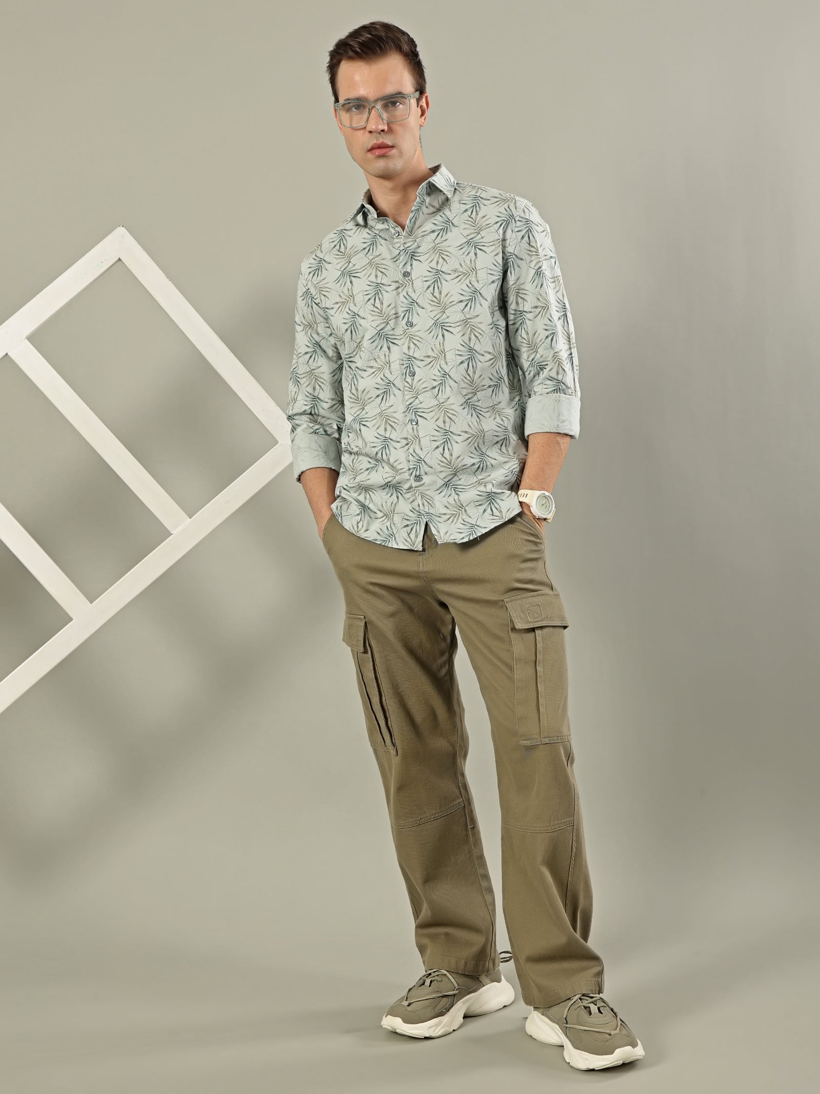 Tropical Print Cotton Shirt – Sage Green