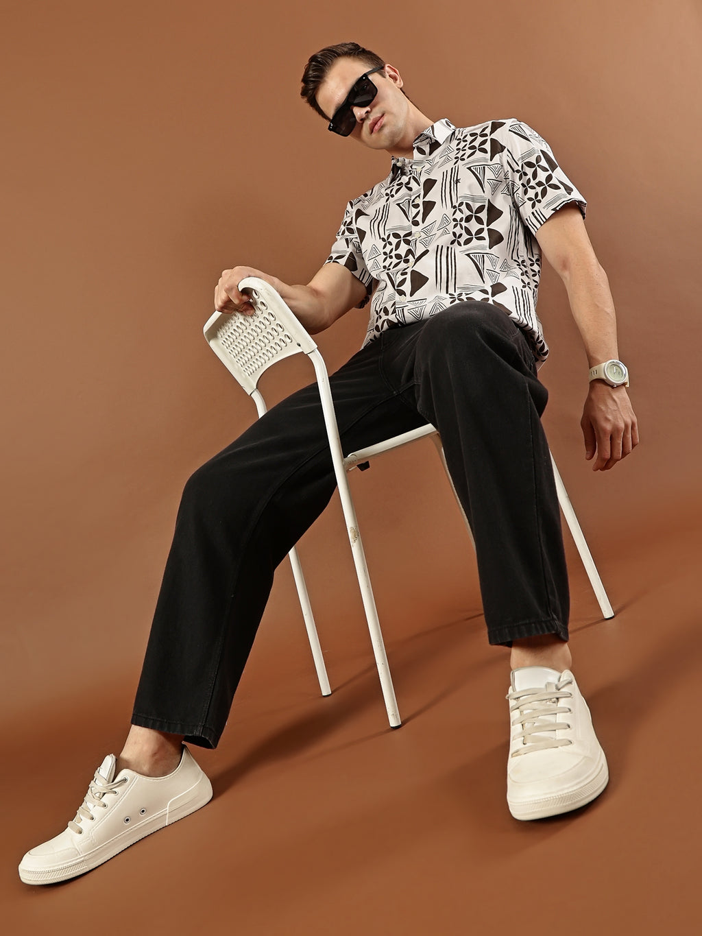 Geometric Print Cotton Shirt - Dark  Brown & White