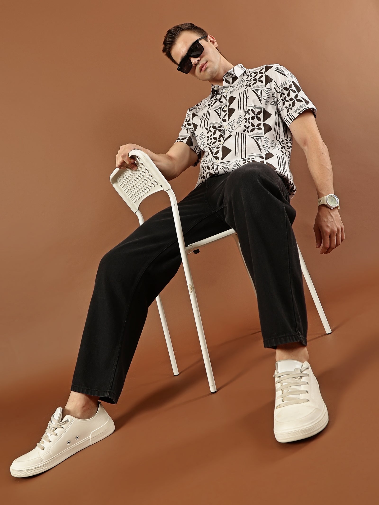 Geometric Print Cotton Shirt - Dark  Brown & White