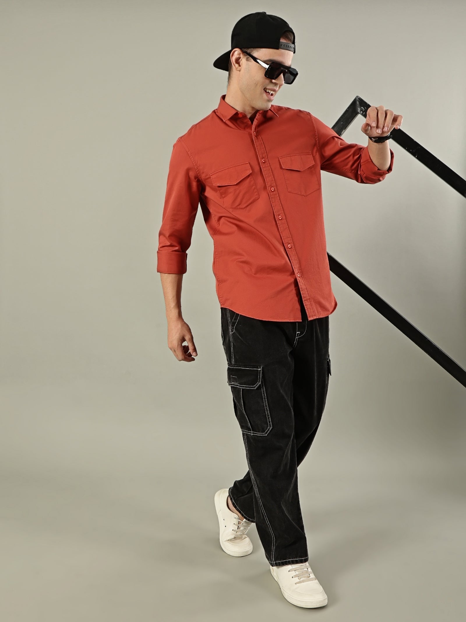 Solid Cotton Utility Shirt – Rust Orange