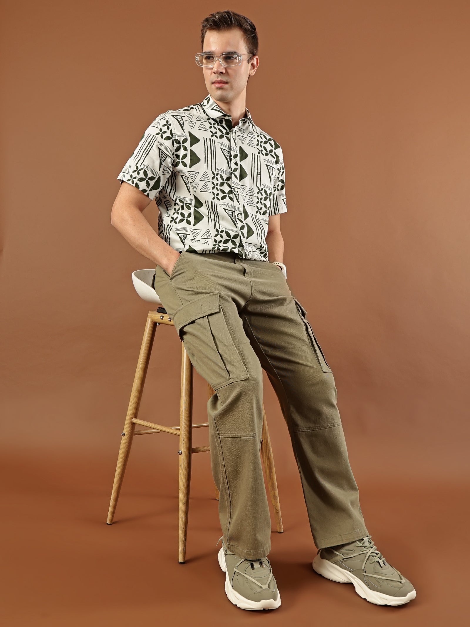 Geometric Print Cotton Shirt – Olive Green & Cream