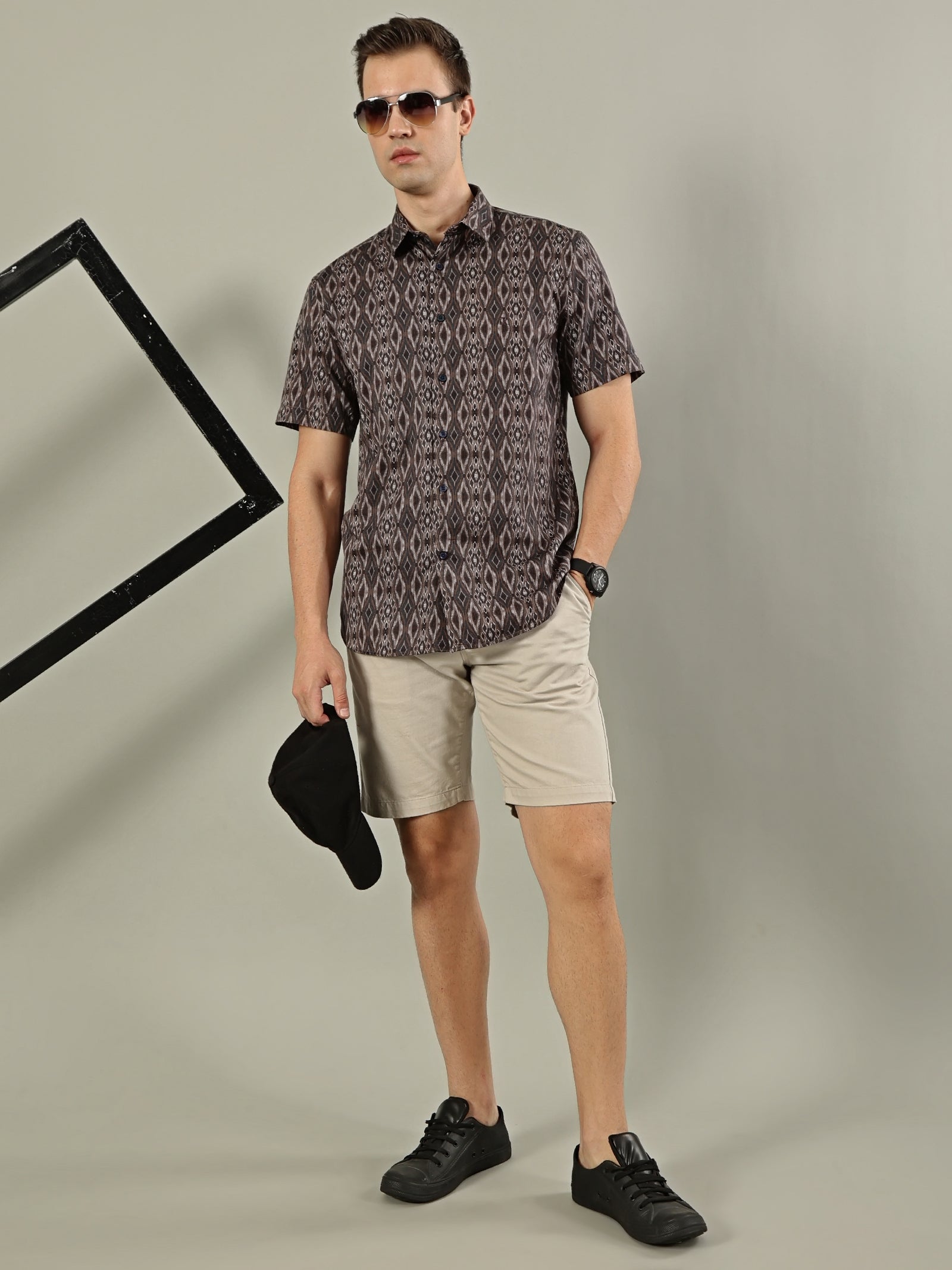 Abstract Print Cotton Shirt – Brown & Grey
