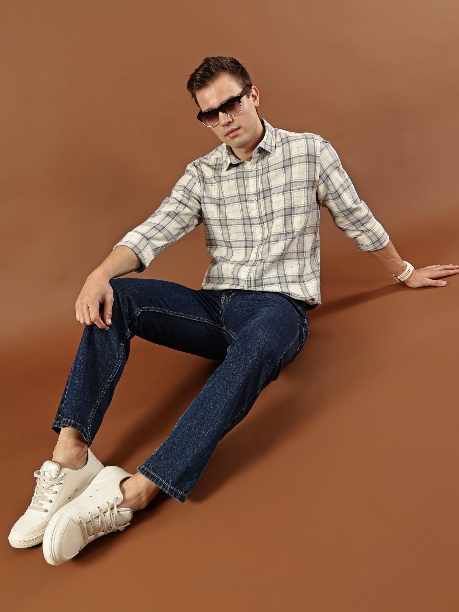 Classic Check Cotton Shirt – Cream & Grey