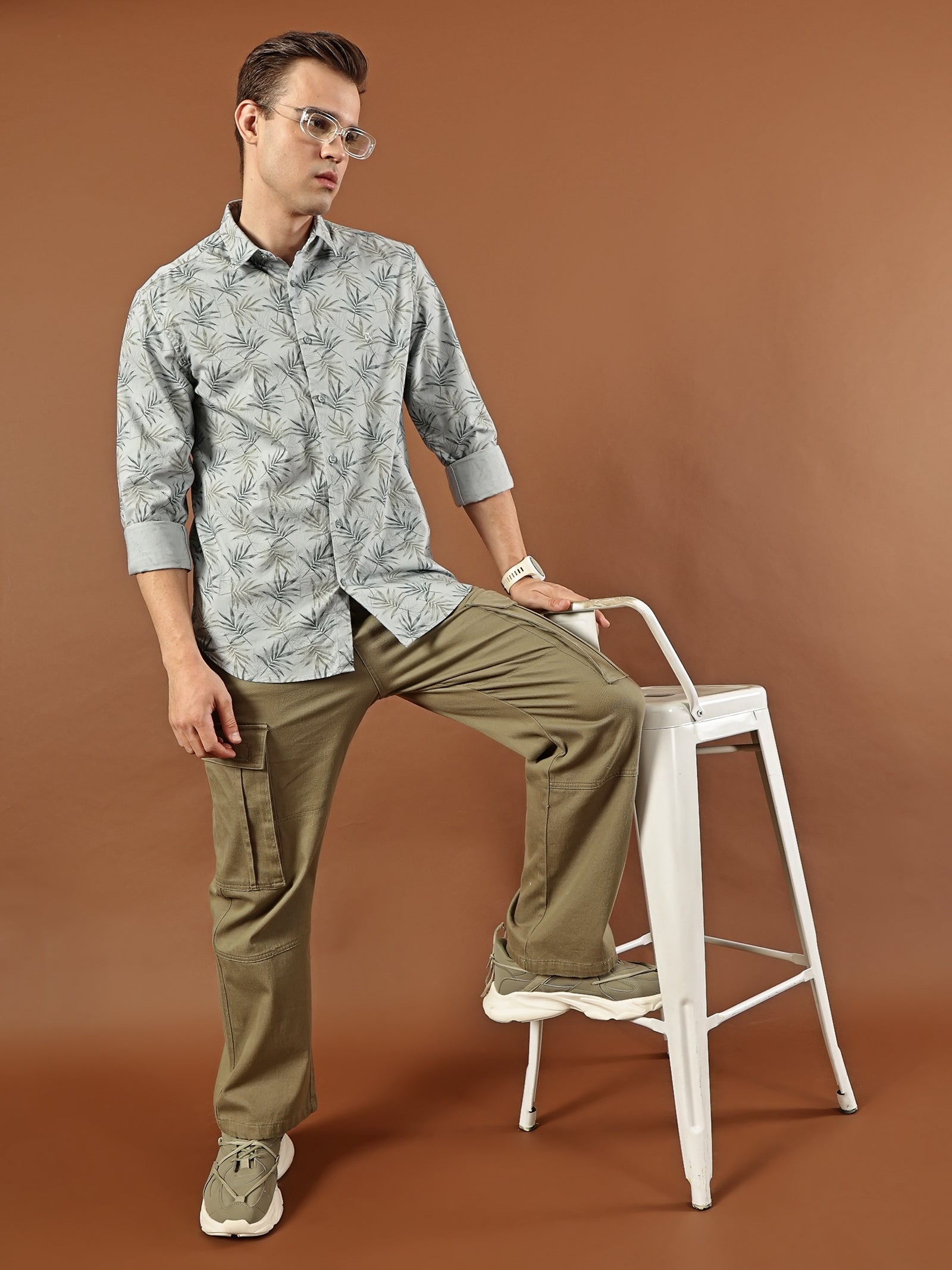Tropical Print Cotton Shirt – Mist Grey