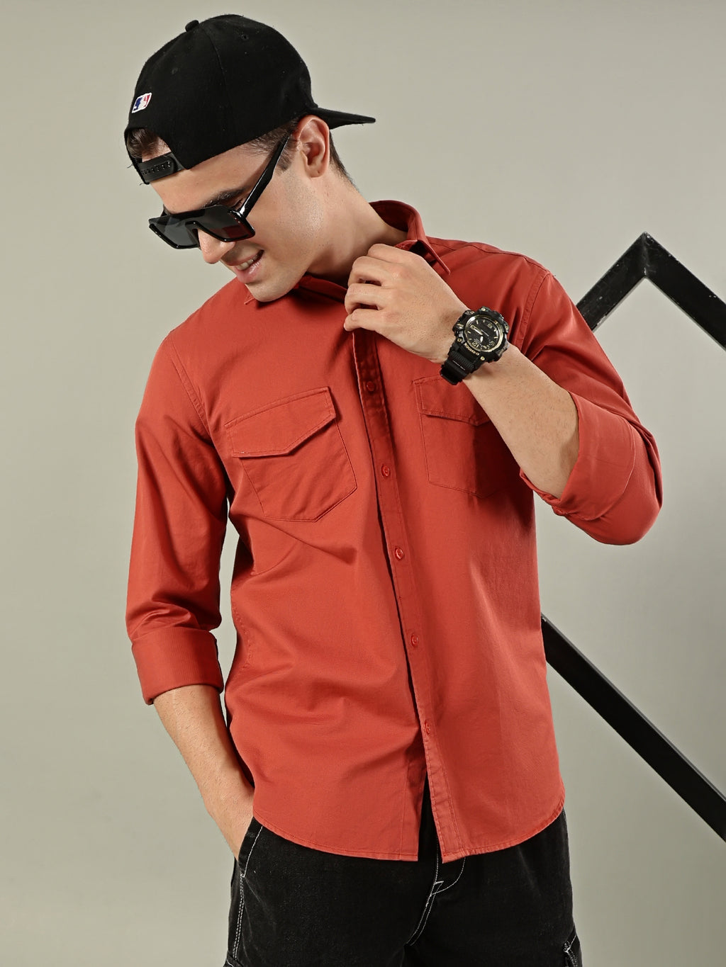 Solid Cotton Utility Shirt – Rust Orange