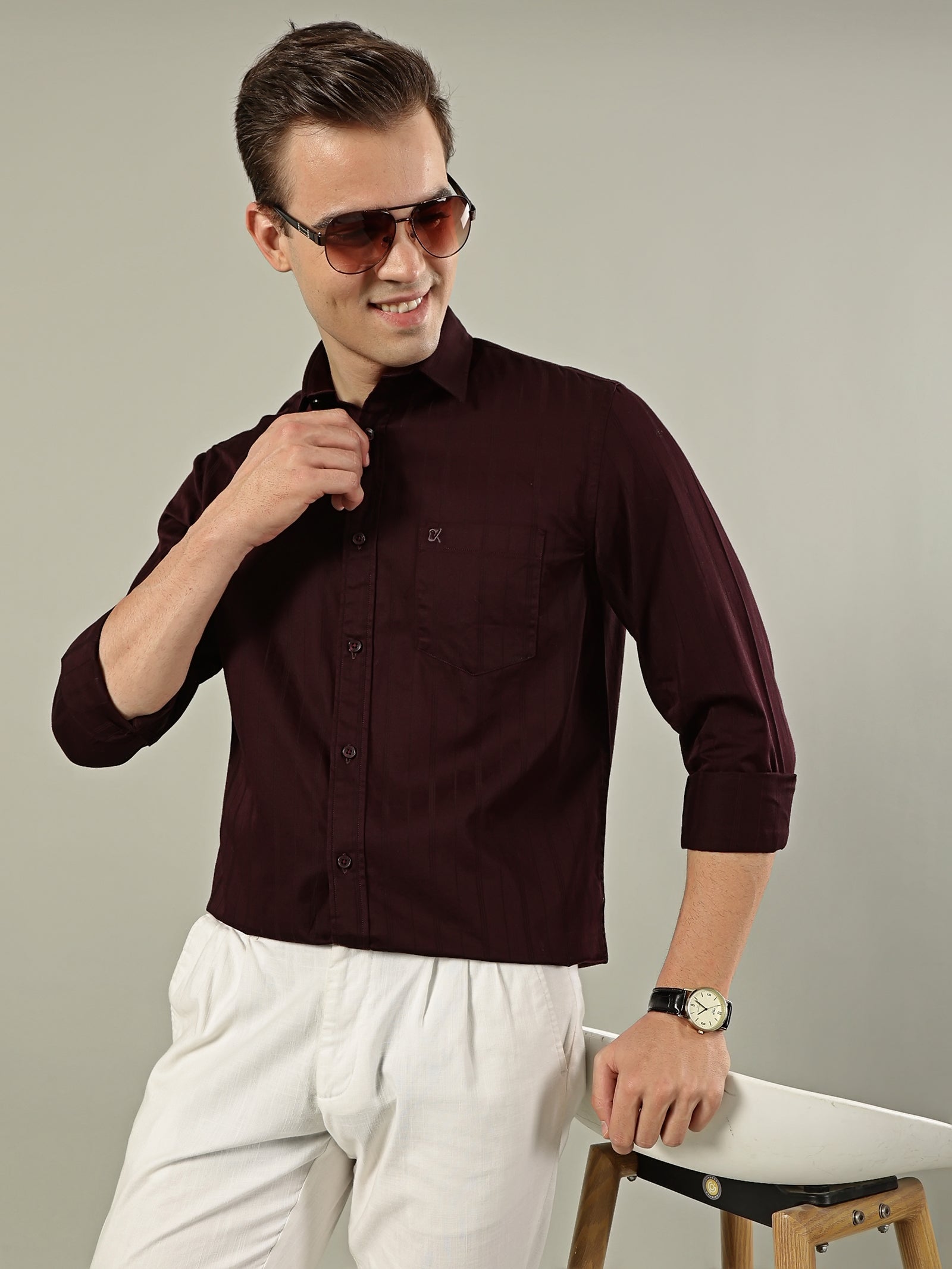 Striped Cotton Shirt – Deep Maroon