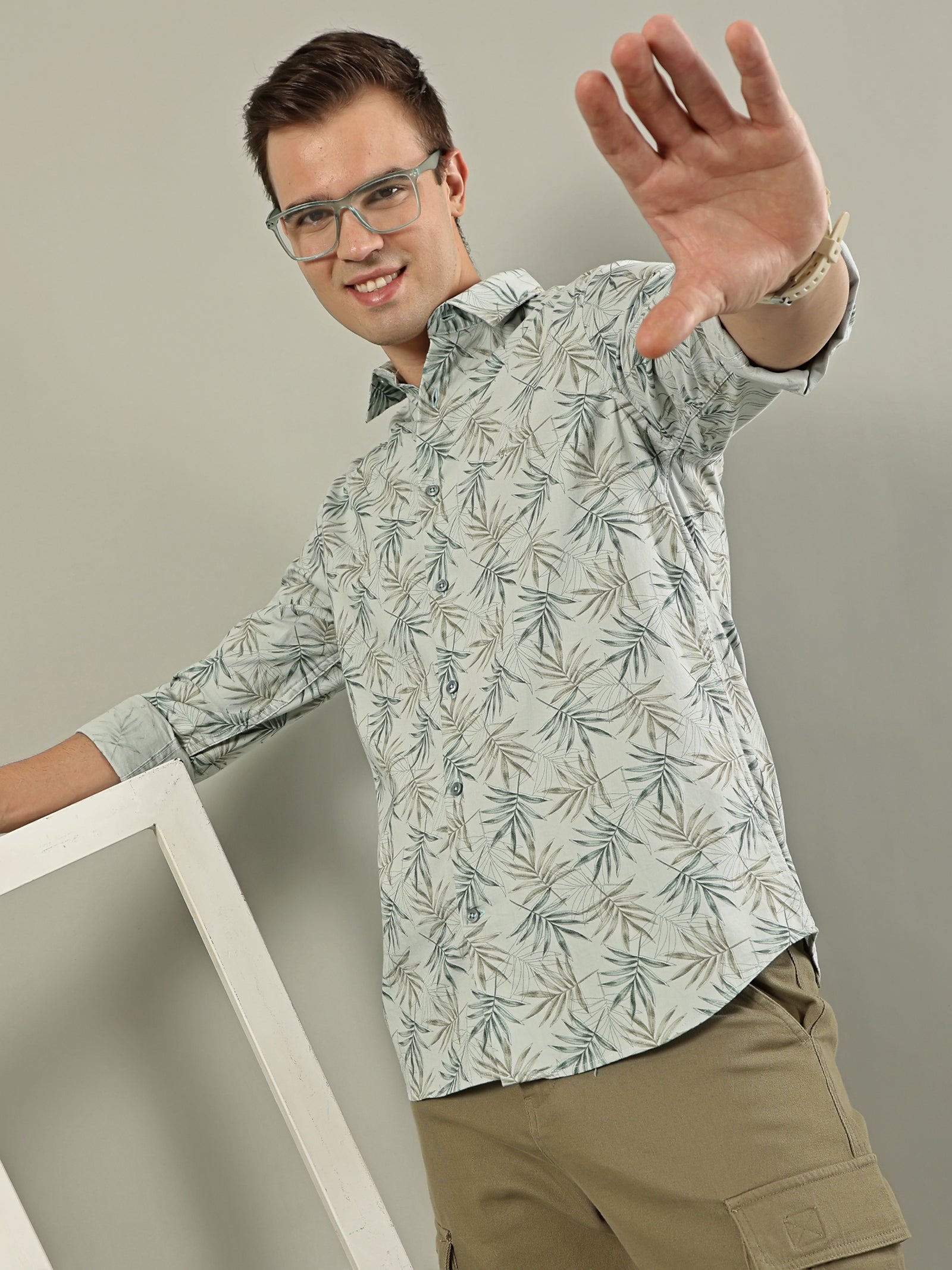 Tropical Print Cotton Shirt – Sage Green