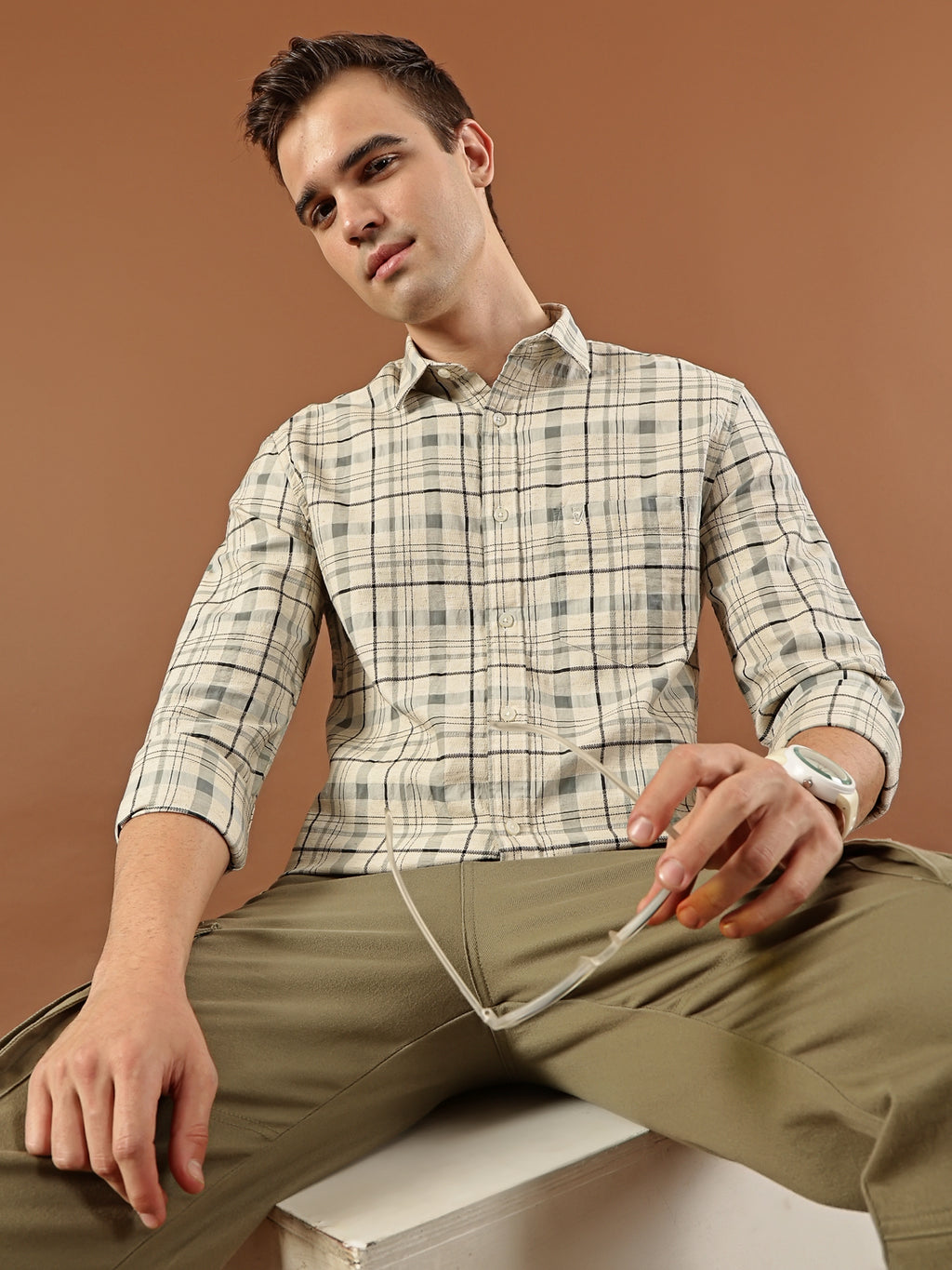 Classic Check Cotton Shirt – Beige & Grey