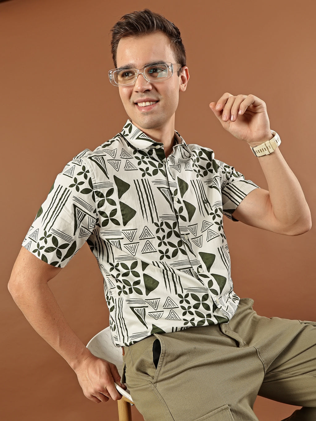 Geometric Print Cotton Shirt – Olive Green & Cream