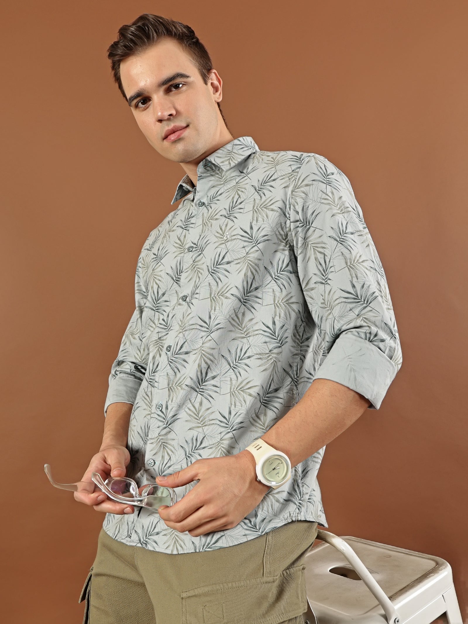Tropical Print Cotton Shirt – Mist Grey