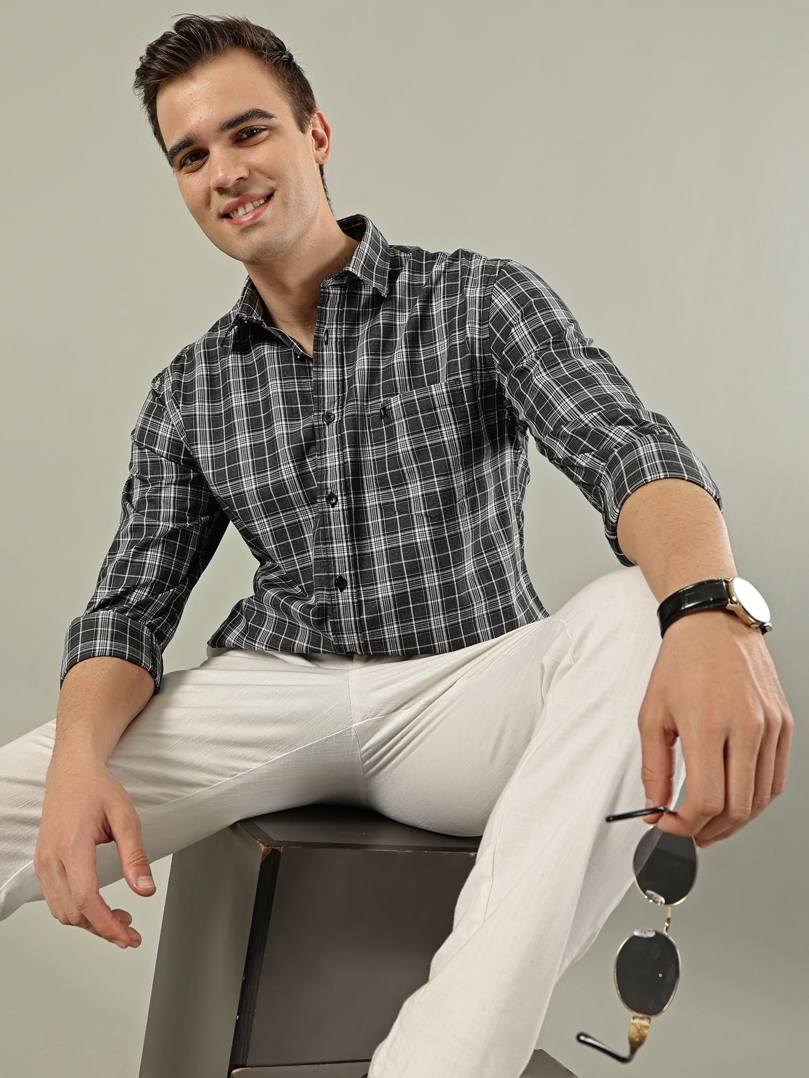 Fine Check Cotton Shirt – Grey & Black