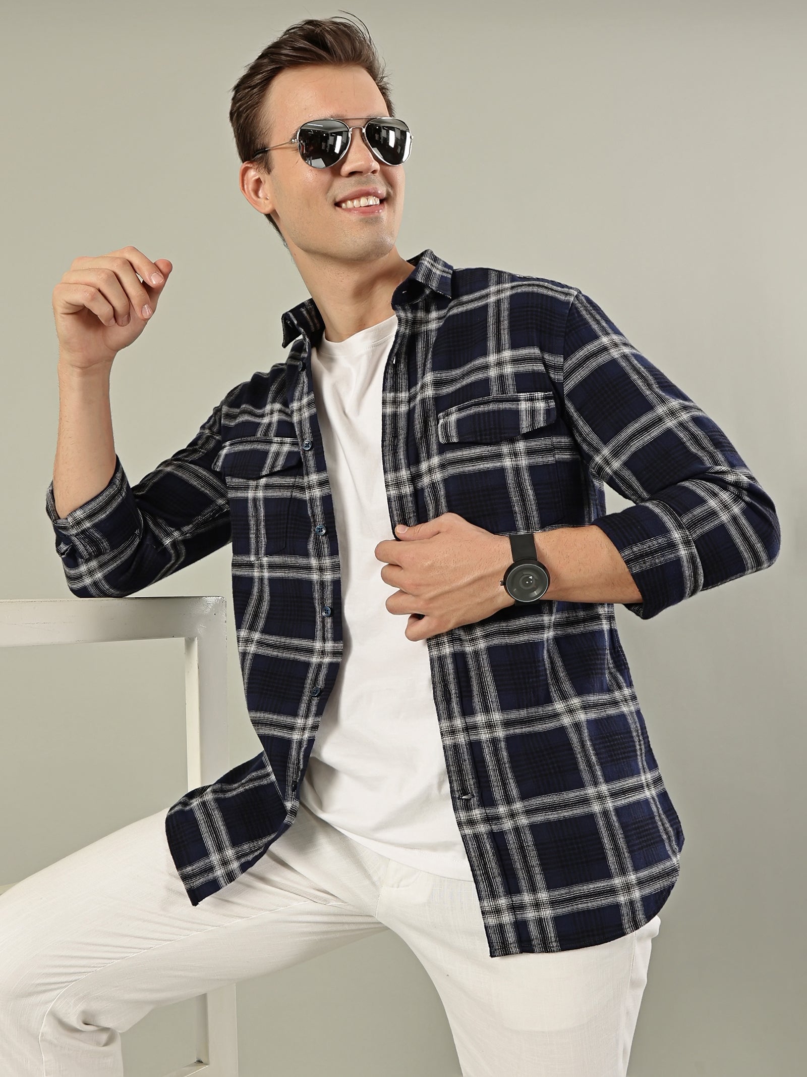 Classic Check Cotton Shirt – Navy Blue & White