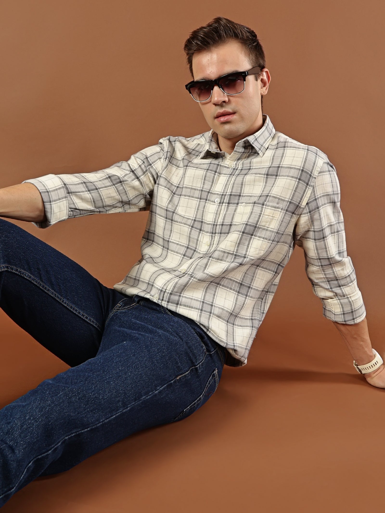 Classic Check Cotton Shirt – Cream & Grey