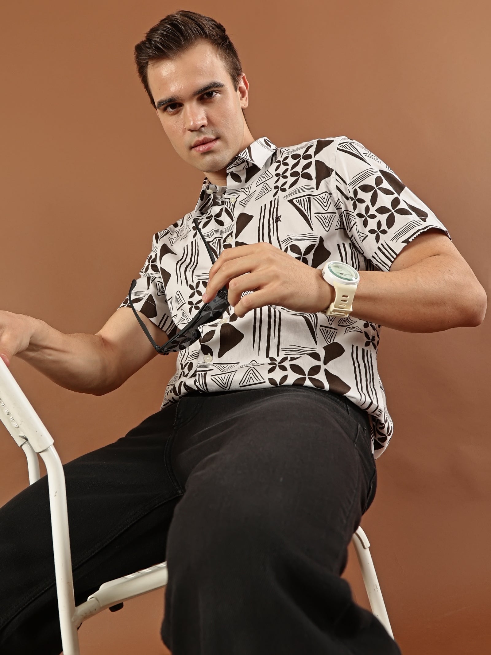Geometric Print Cotton Shirt - Dark  Brown & White