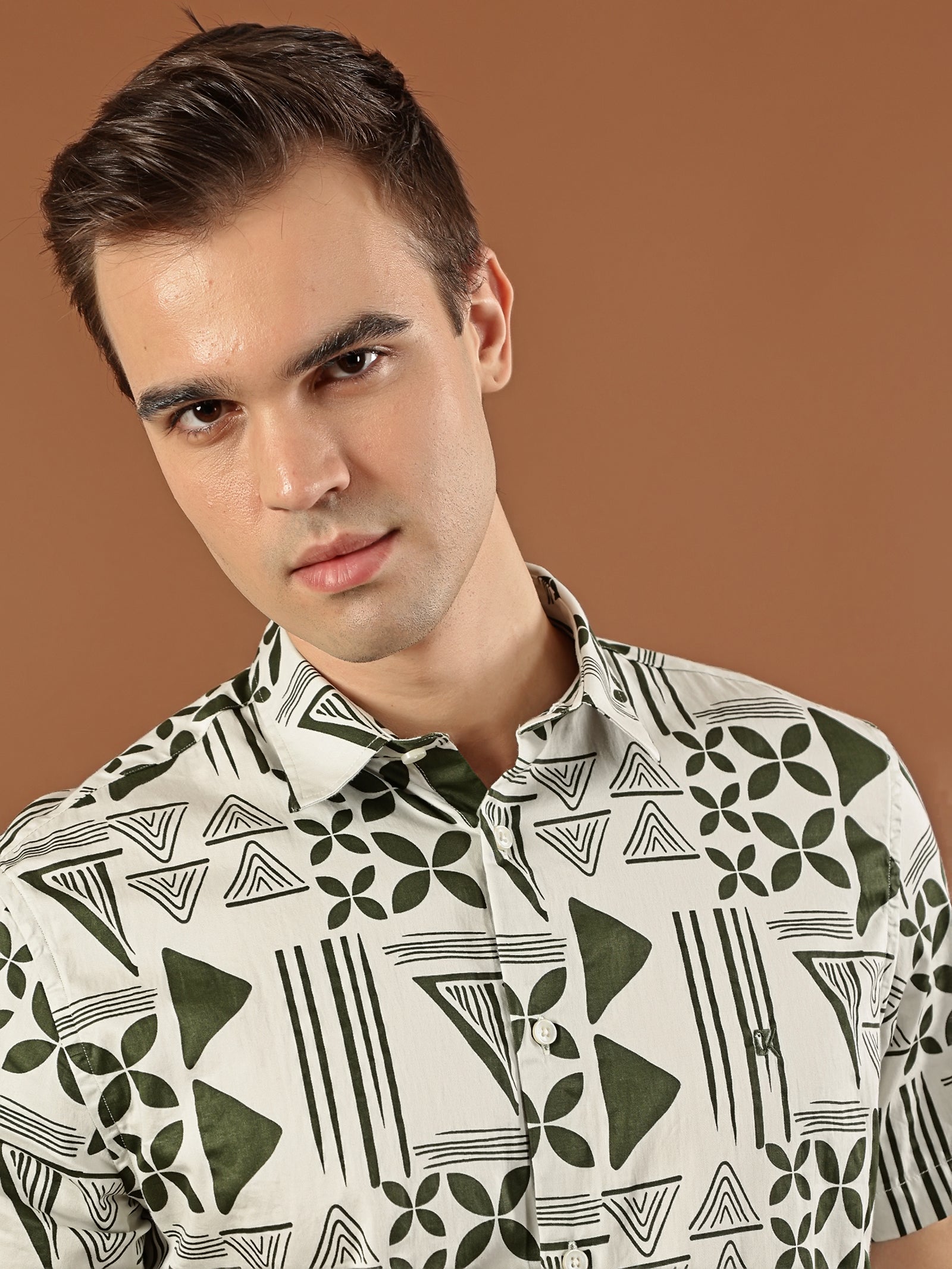 Geometric Print Cotton Shirt – Olive Green & Cream