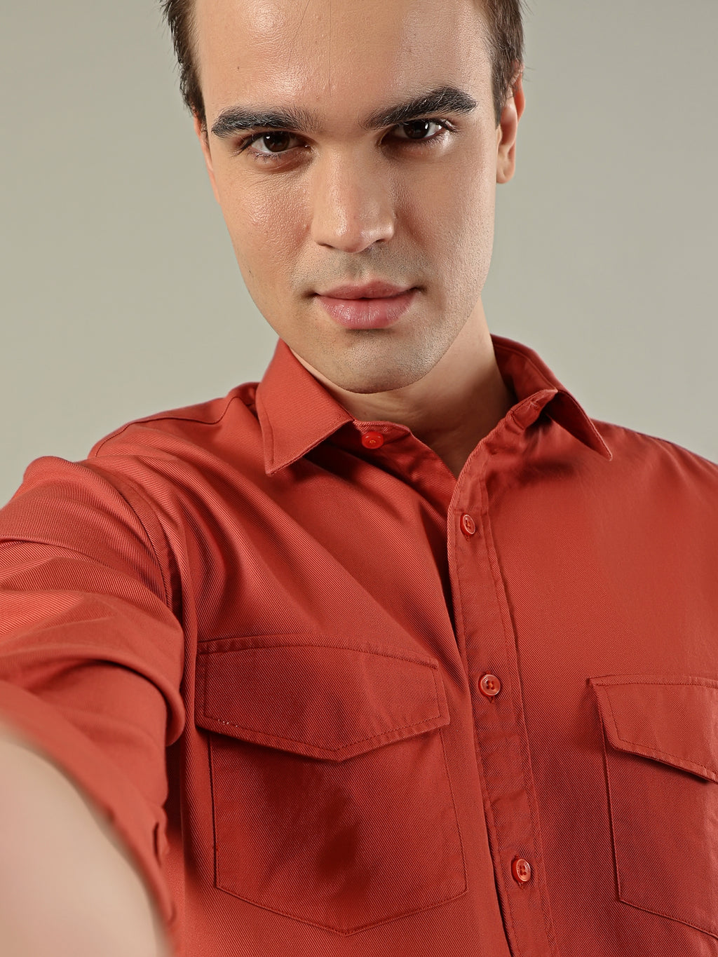 Solid Cotton Utility Shirt – Rust Orange