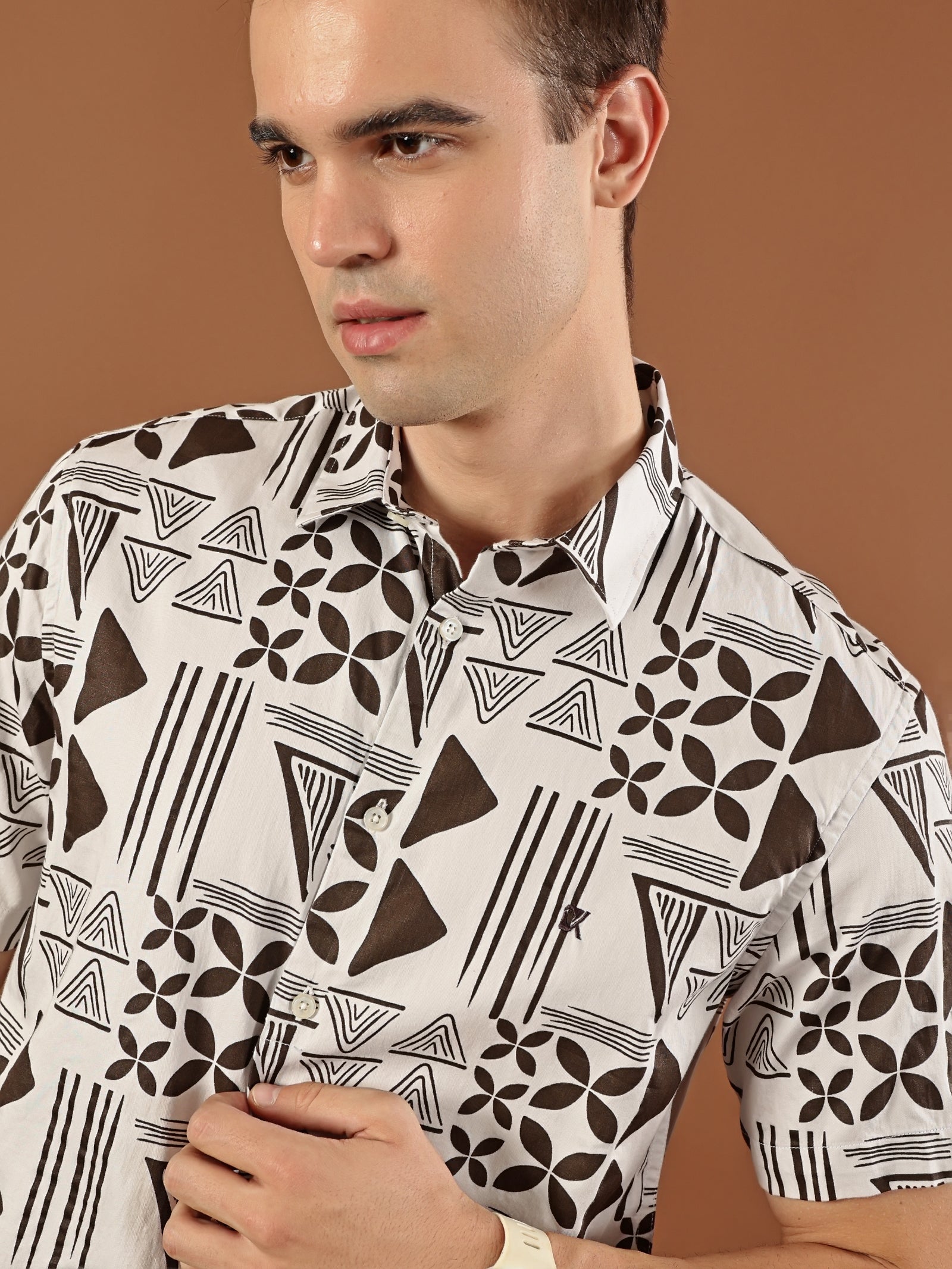 Geometric Print Cotton Shirt - Dark  Brown & White