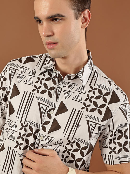 Geometric Print Cotton Shirt - Dark  Brown & White