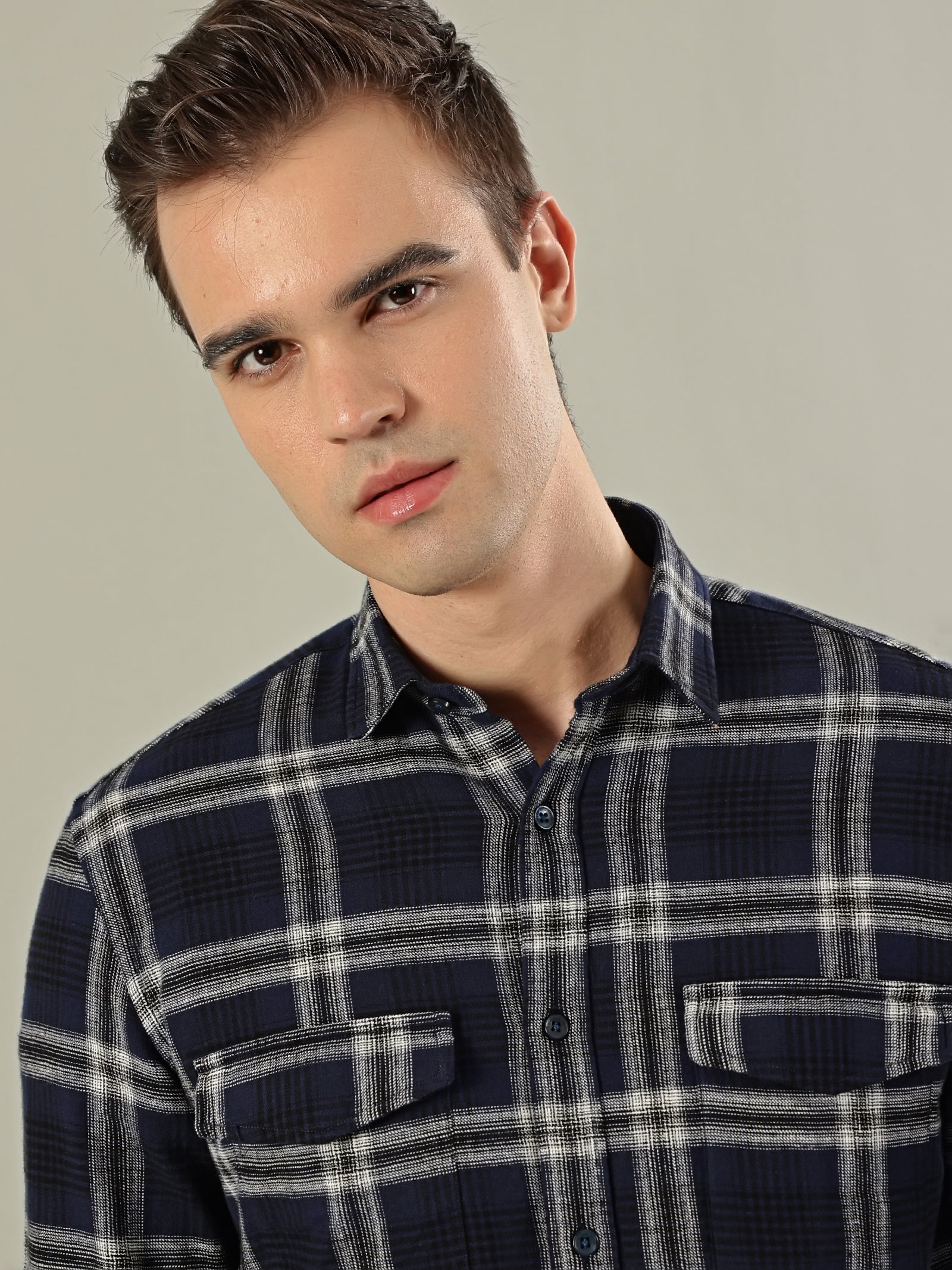 Classic Check Cotton Shirt – Navy Blue & White