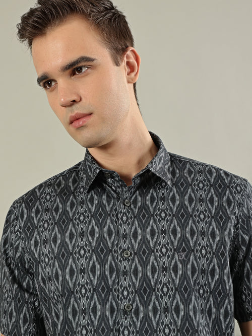 Abstract Print Cotton Shirt – Charcoal Black