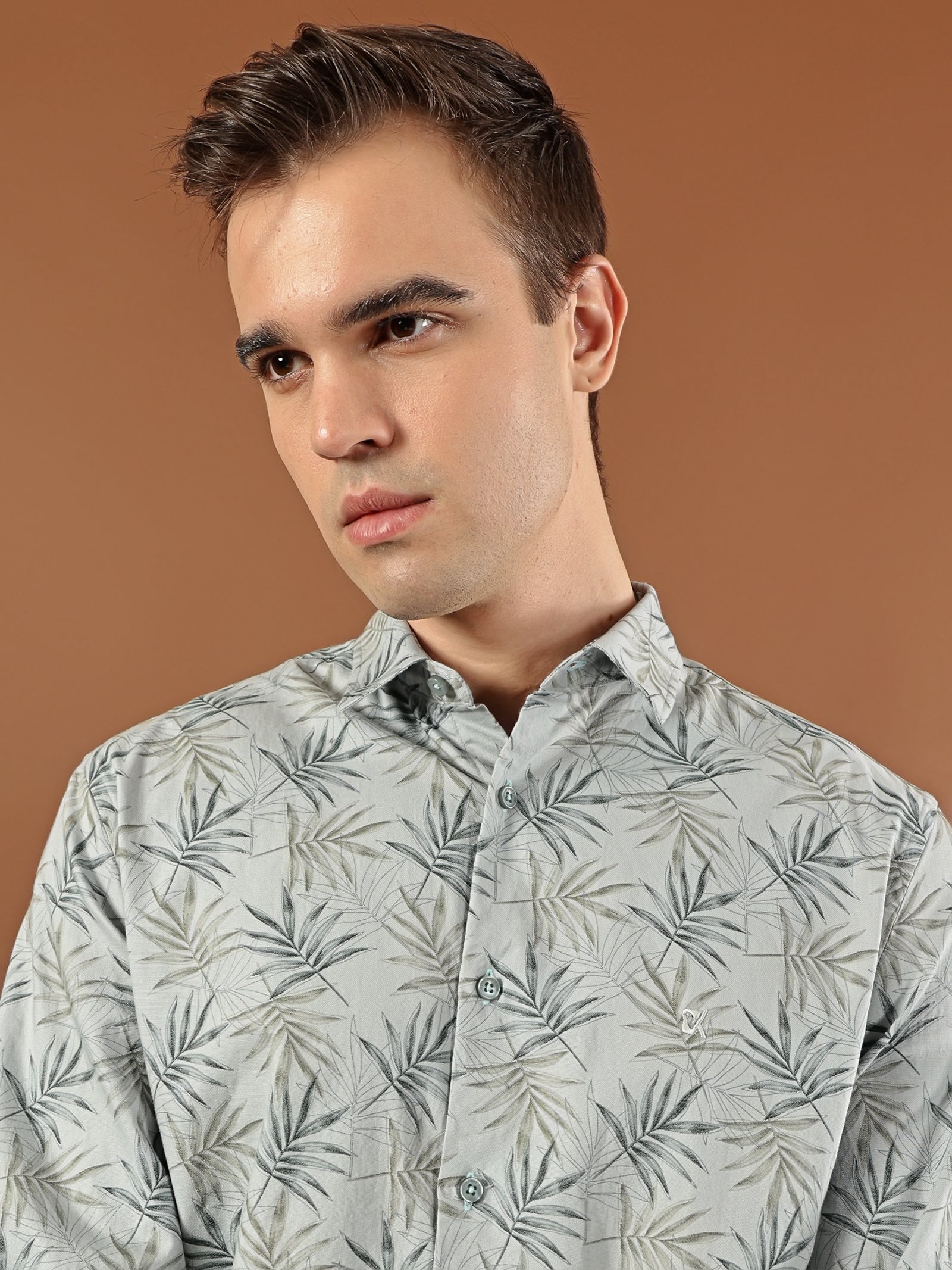 Tropical Print Cotton Shirt – Mist Grey