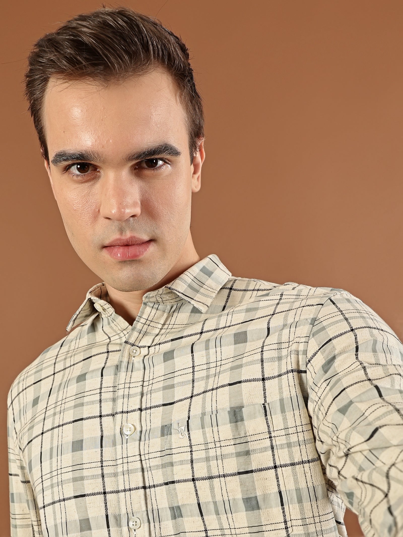Classic Check Cotton Shirt – Beige & Grey