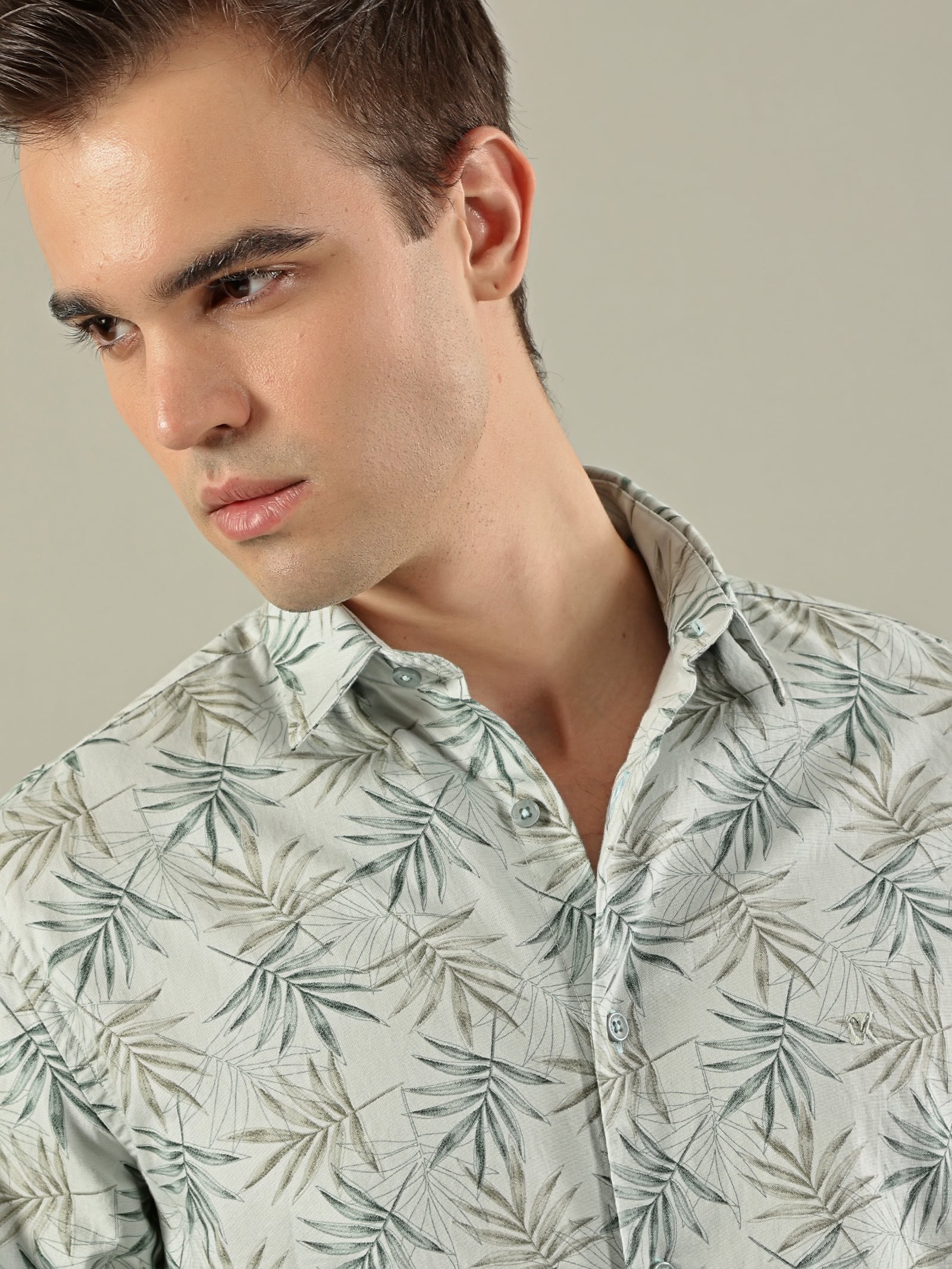 Tropical Print Cotton Shirt – Sage Green