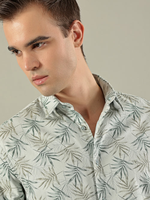 Tropical Print Cotton Shirt – Sage Green